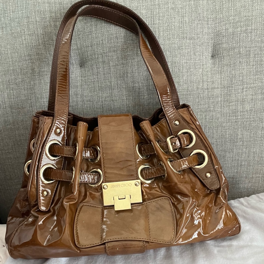 Authentic Jimmy Choo Riki Ramona Bag- Cigar Patent Leather
